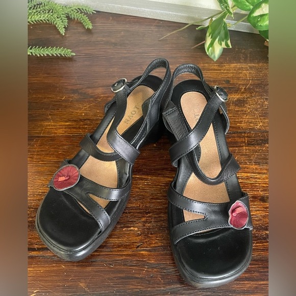 Naot Shoes - Naot Leather Sandals Wedge Heel Black Strappy Flower Accent Size‎ 36